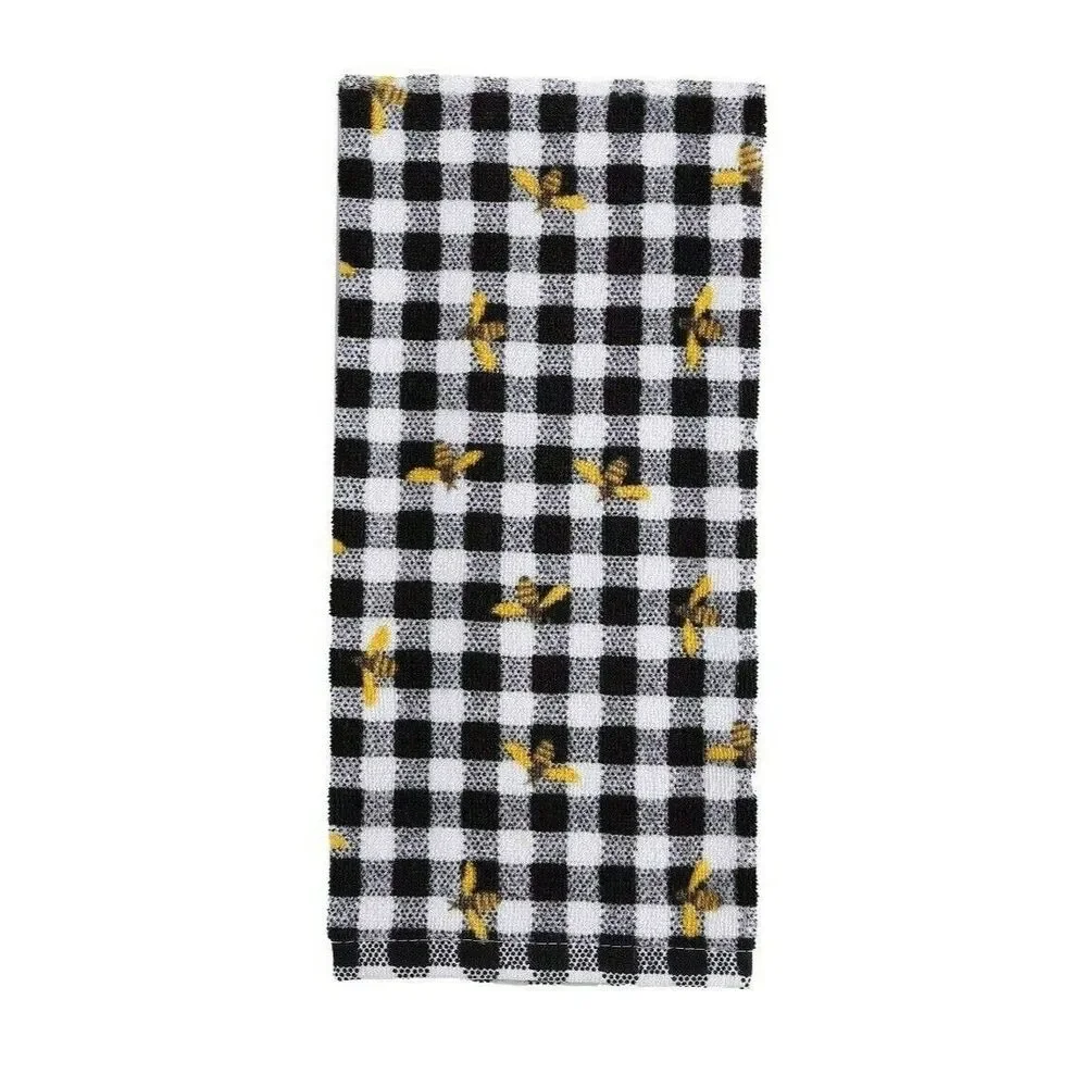 Honeybee Kitchen Towels 5-Pc Honeycomb White Black Checks Yellow Cotton Gift NEW